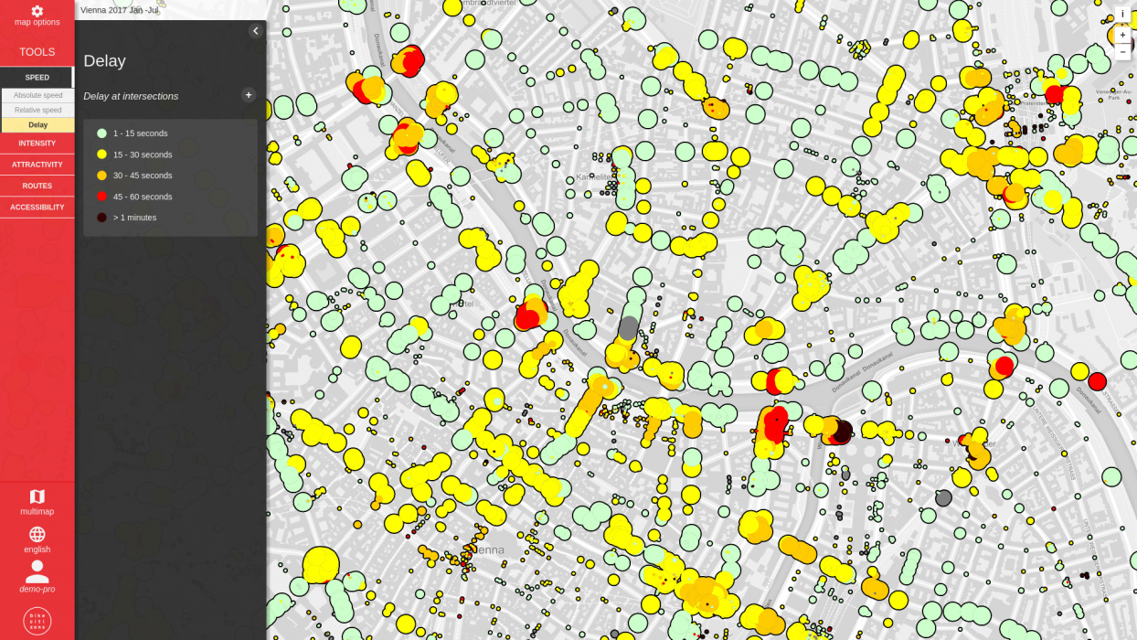 Intersection wait times in Vienna, as calculated by Bike Citizens